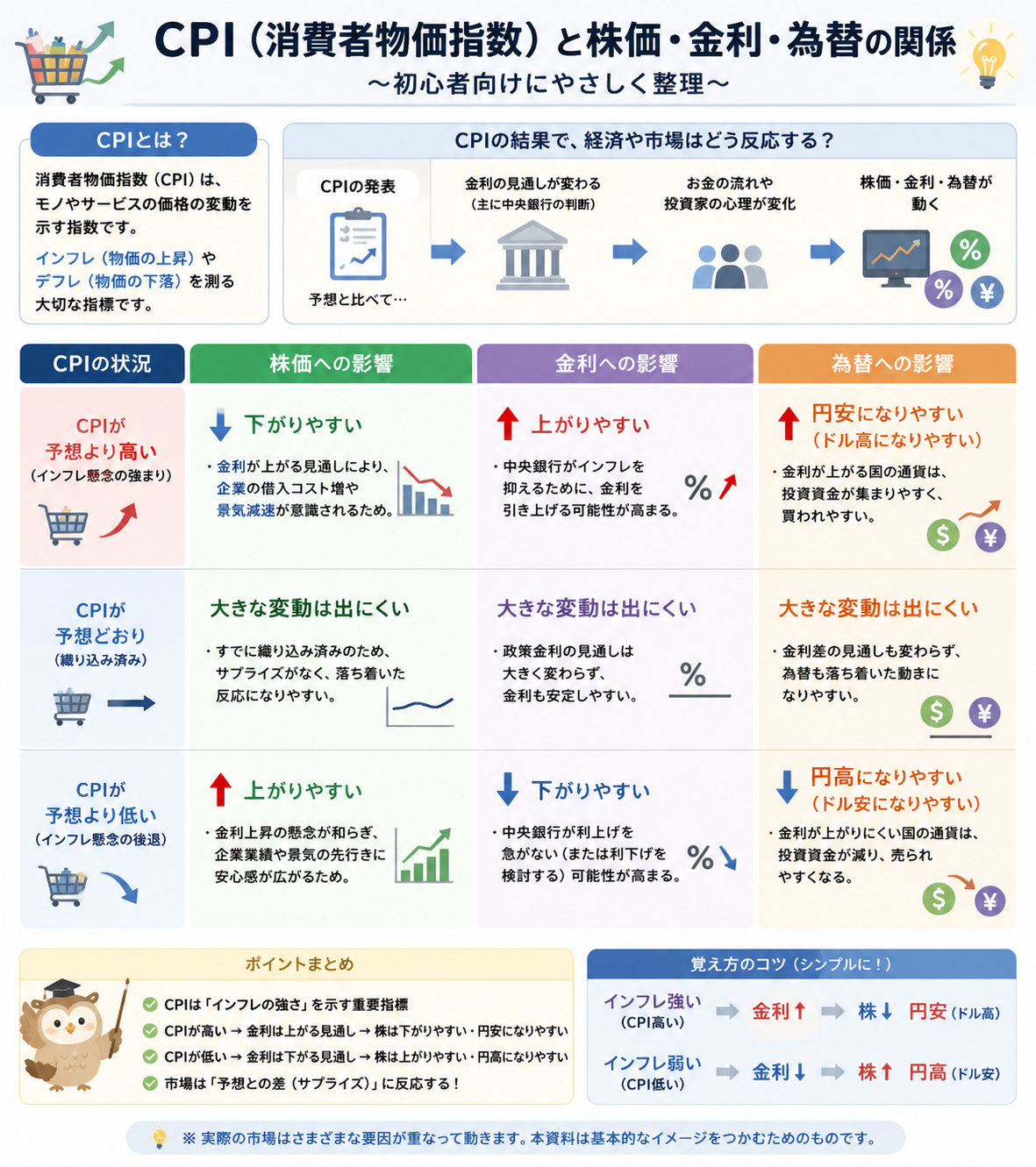 CPI（消費者物価指数）と株価・金利・為替の関係を初心者向けに整理した教材画像