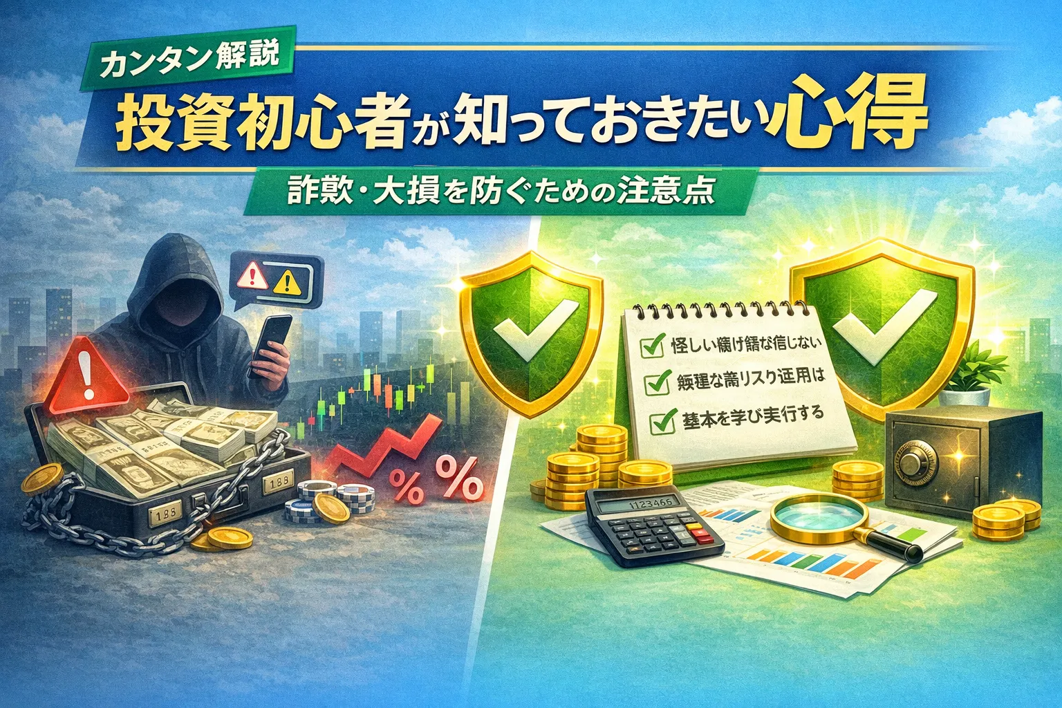 投資初心者が詐欺や大損を避けるための心得を考えるイメージ