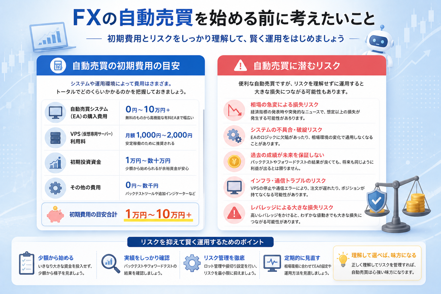 FXの自動売買の初期費用やリスクを考えるイメージ