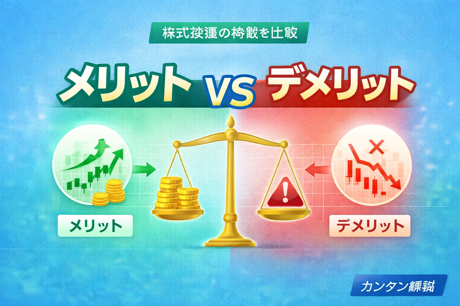 株式投資のメリットとデメリットを比較するイメージ