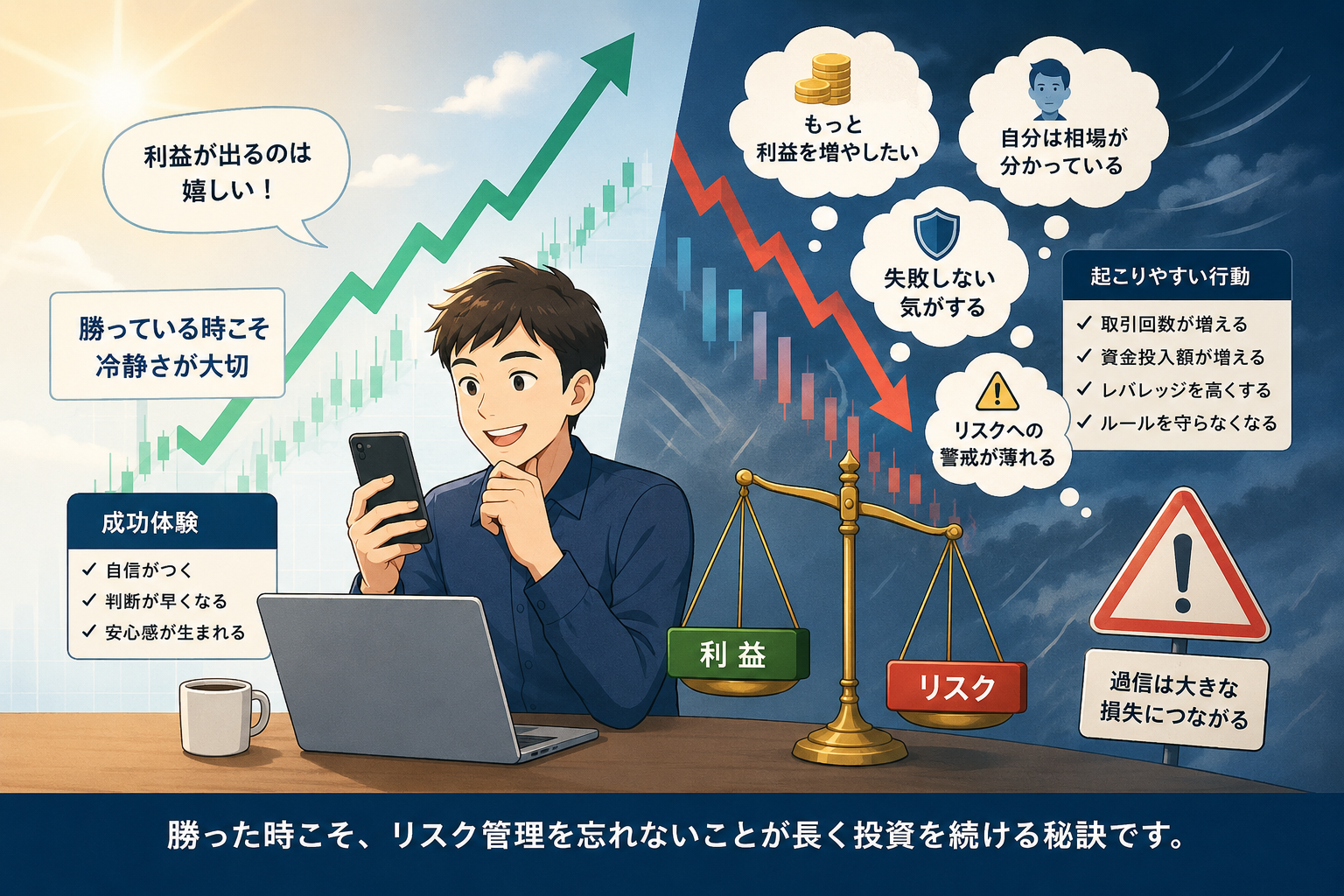 投資初心者向けに心理とリスク管理を解説するイメージ