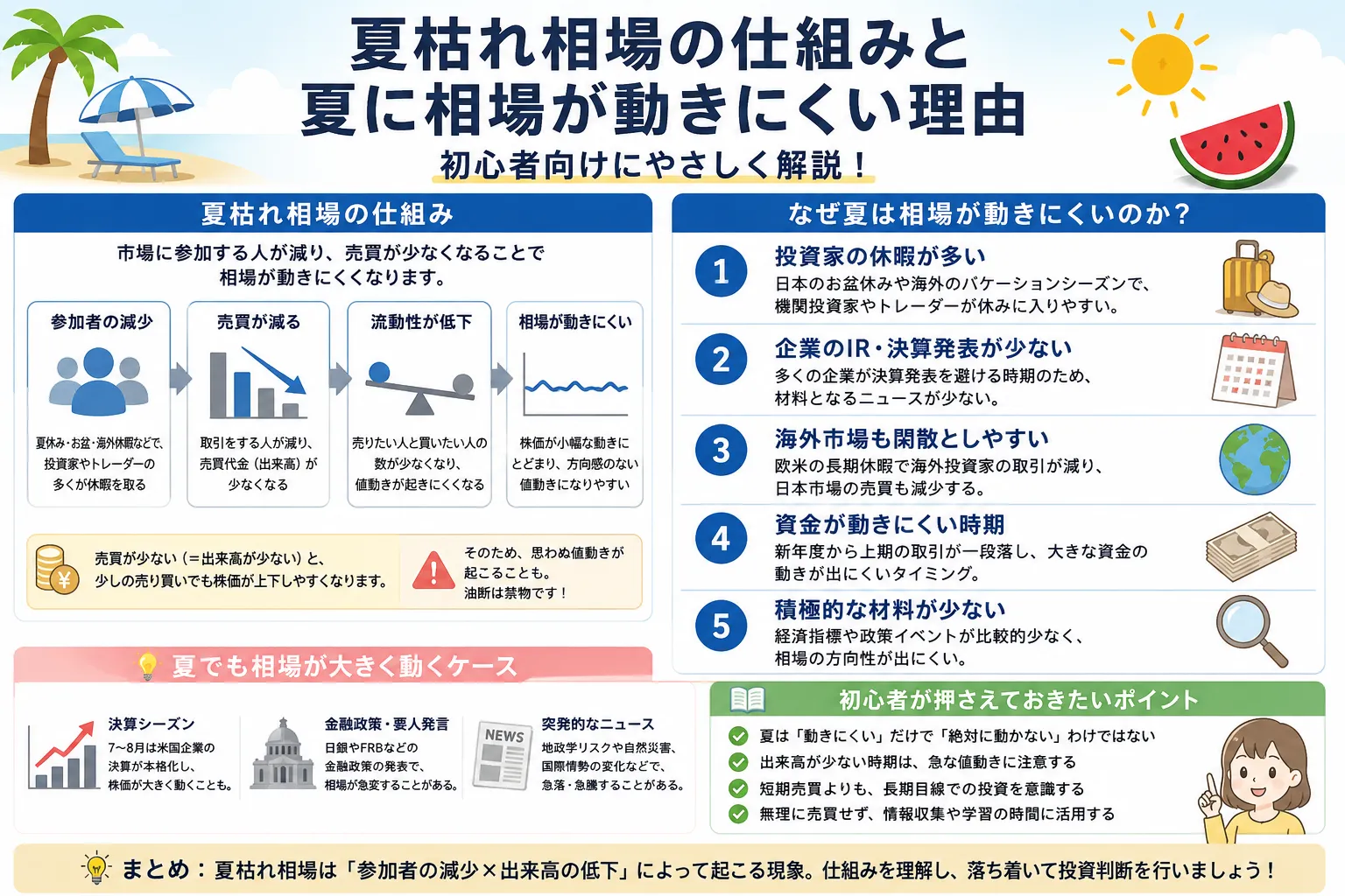 夏枯れ相場の仕組みと夏に相場が動きにくい理由を初心者向けに整理した教材画像
