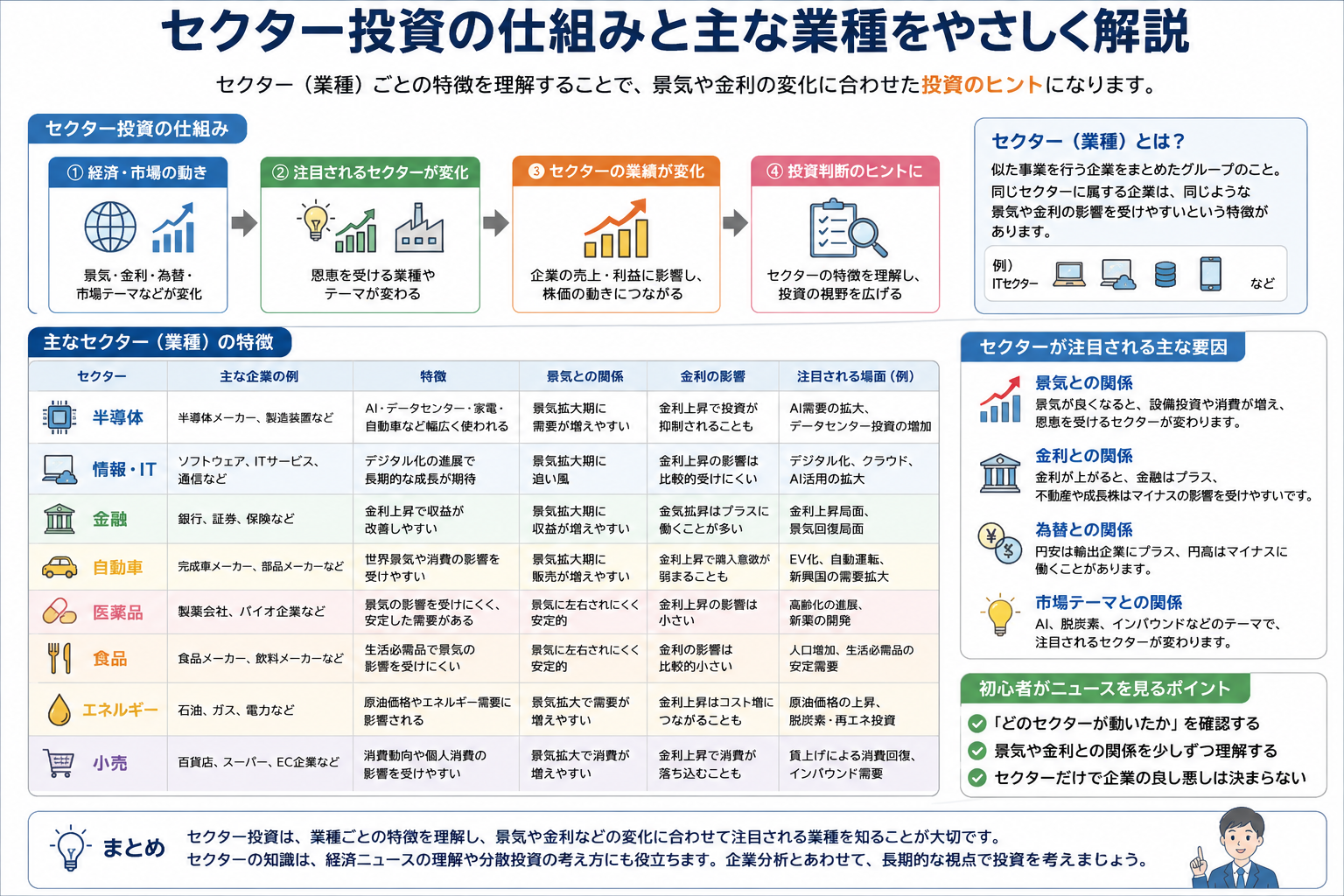 セクター投資とは？業種ごとの特徴の違いを初心者向けに整理した教材画像