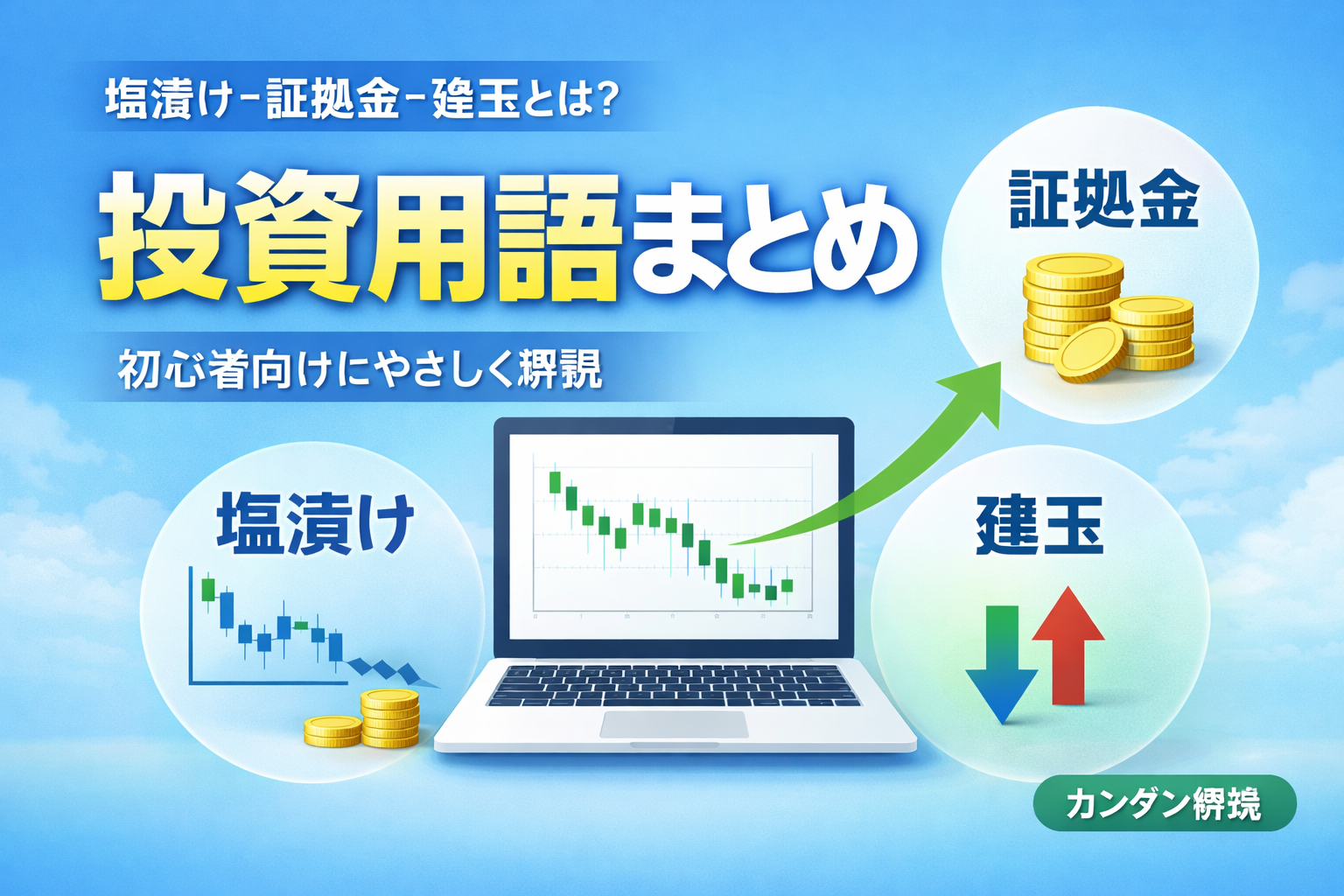 塩漬けや証拠金、建玉など投資用語を整理するイメージ