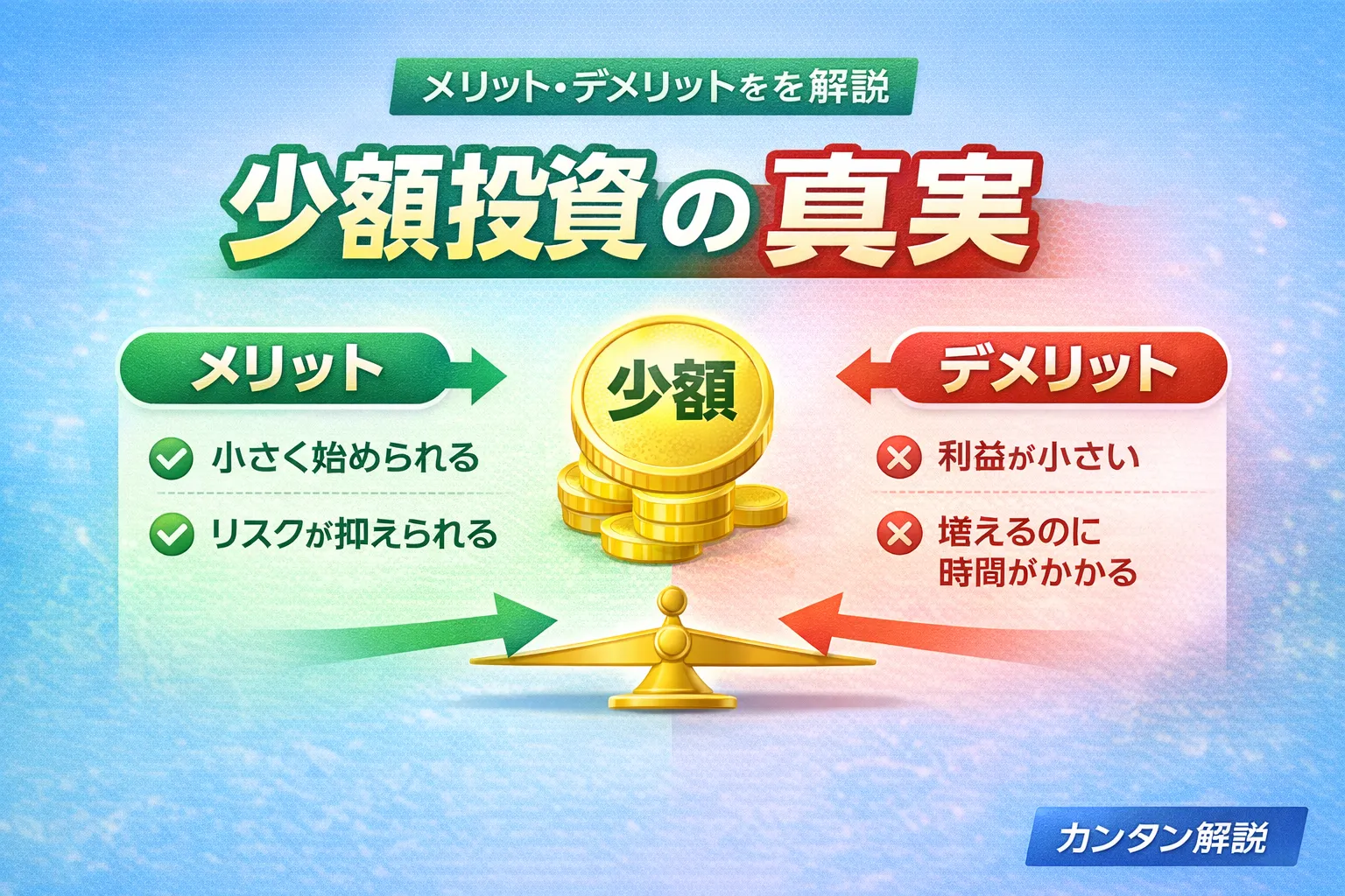 少額投資のメリットとデメリットを比較するイメージ