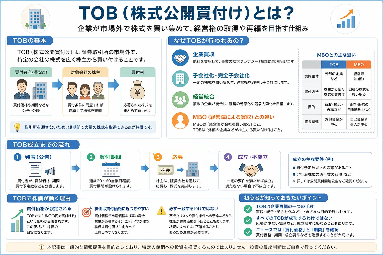 TOB（株式公開買付け）の仕組みを初心者向けに整理した教材画像