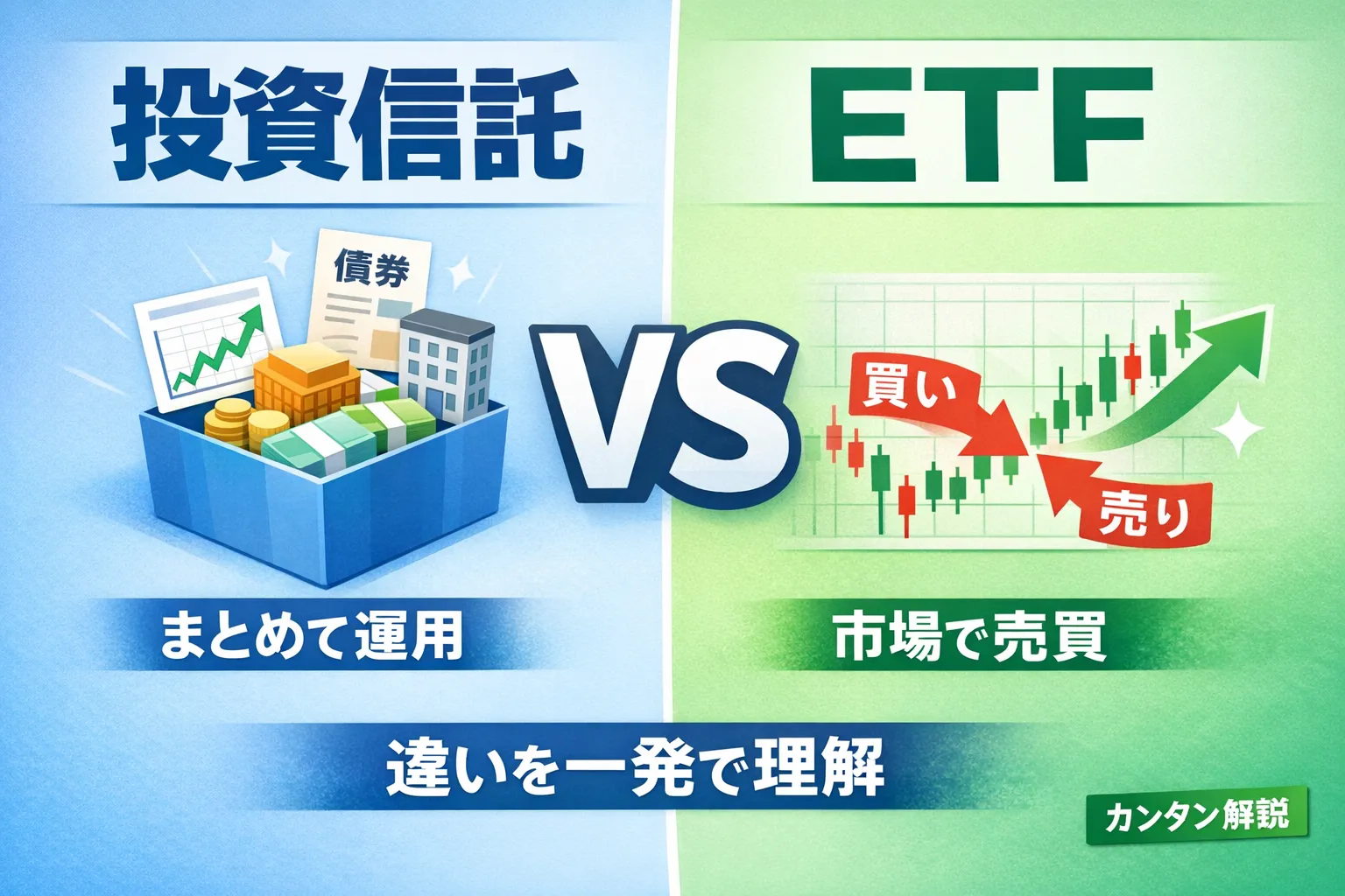 投資信託とETFの違いを比較するイメージ
